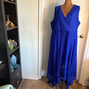 torrid Royal Blue Sleeveless Lace Handkerchief Hem Maxi Dress wedding guest